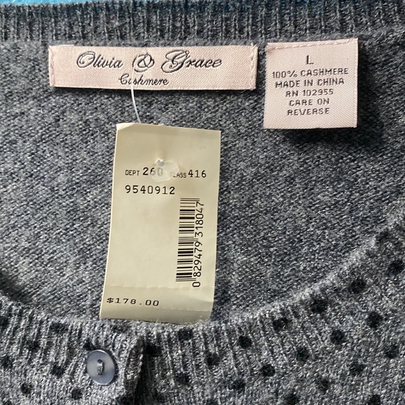 Olivia Grace Polka Dot Cardigan Sweater | 100% Cashmere Gray - Picture 3 of 10